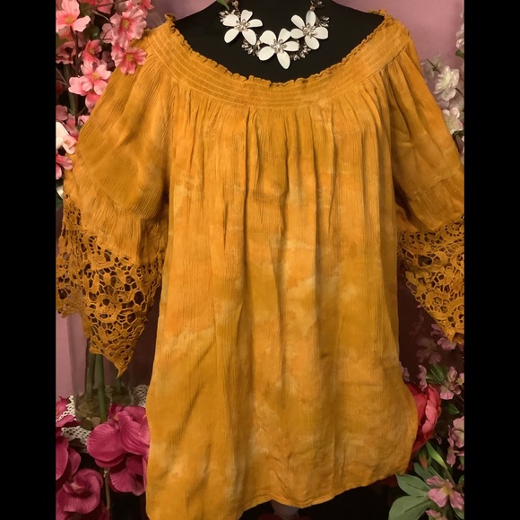 🌻NWT 1X INDIGO THREAD HARVEST GOLD LACE TRIM SLEEVE TOP - Picture 2 of 13